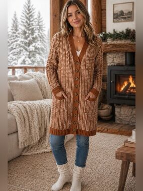 Olive & Oak Two-Tone Houndstooth Chunky Knit Long Midi Cardigan Rust  Cream M
